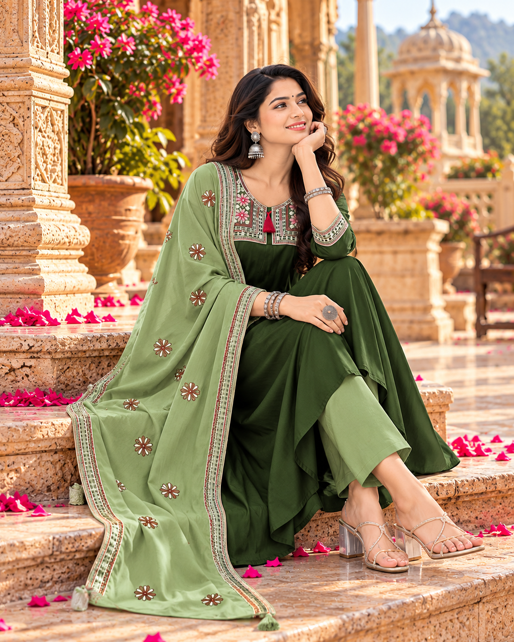 Roman Silk Embroidery Work Anarkali Kurti Pant Set With Dupatta(Green)