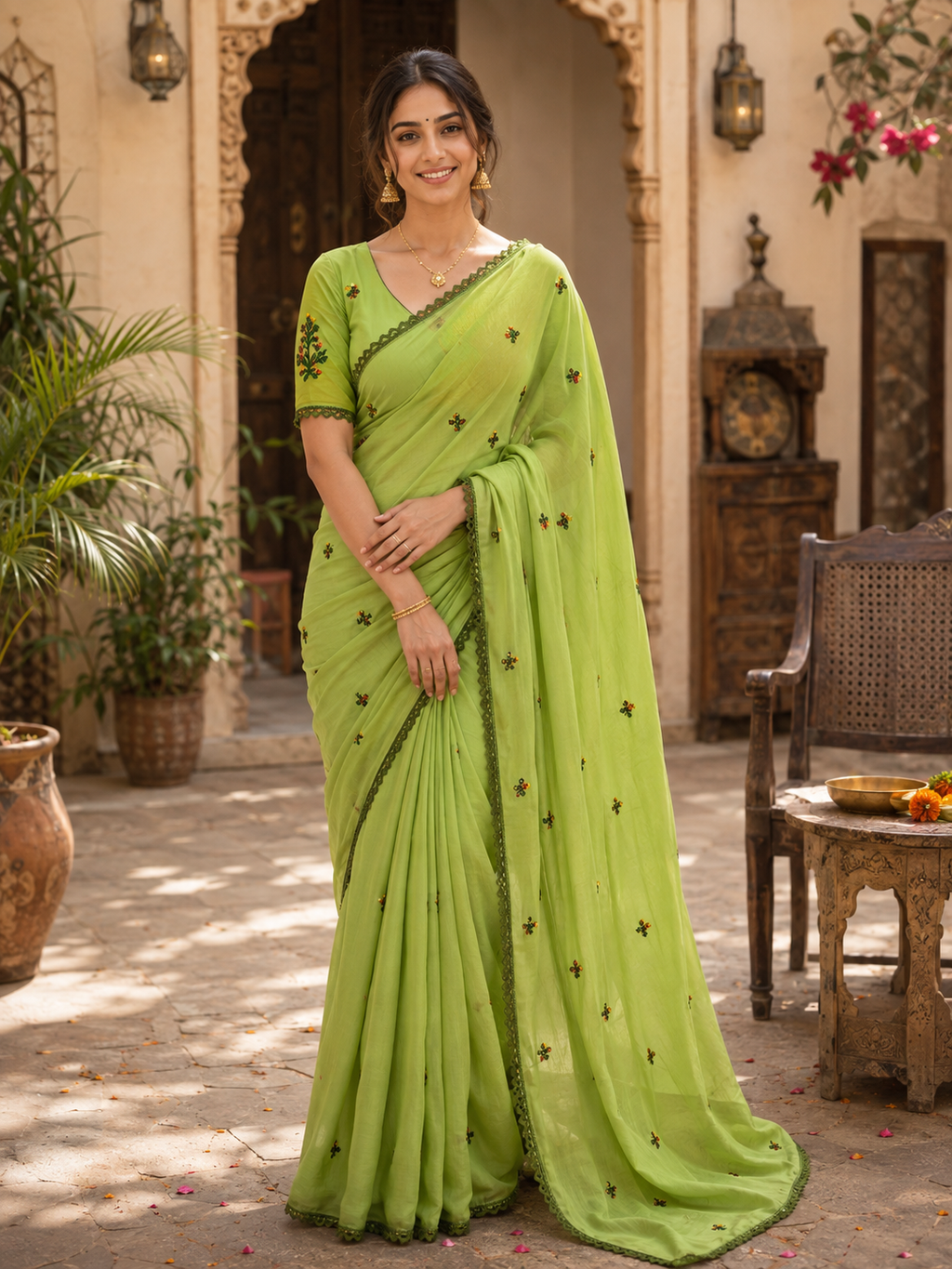 Soft Silk Embroidery Saree With Unstitched Blouse(Green)