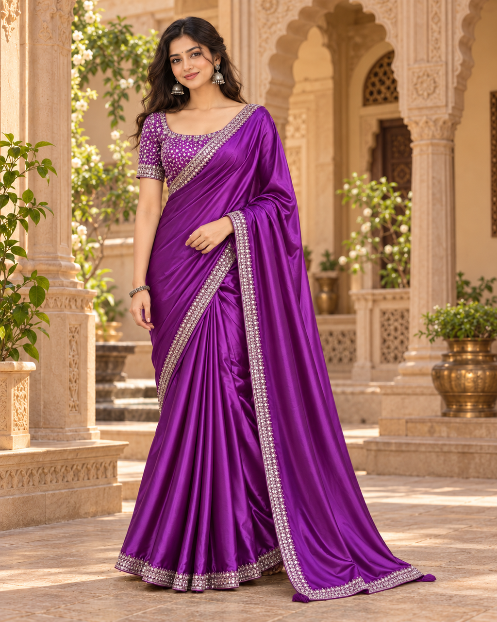 Premium Satin Silk Sequin Thread Work Saree with Unstitched Blouse(Purple)