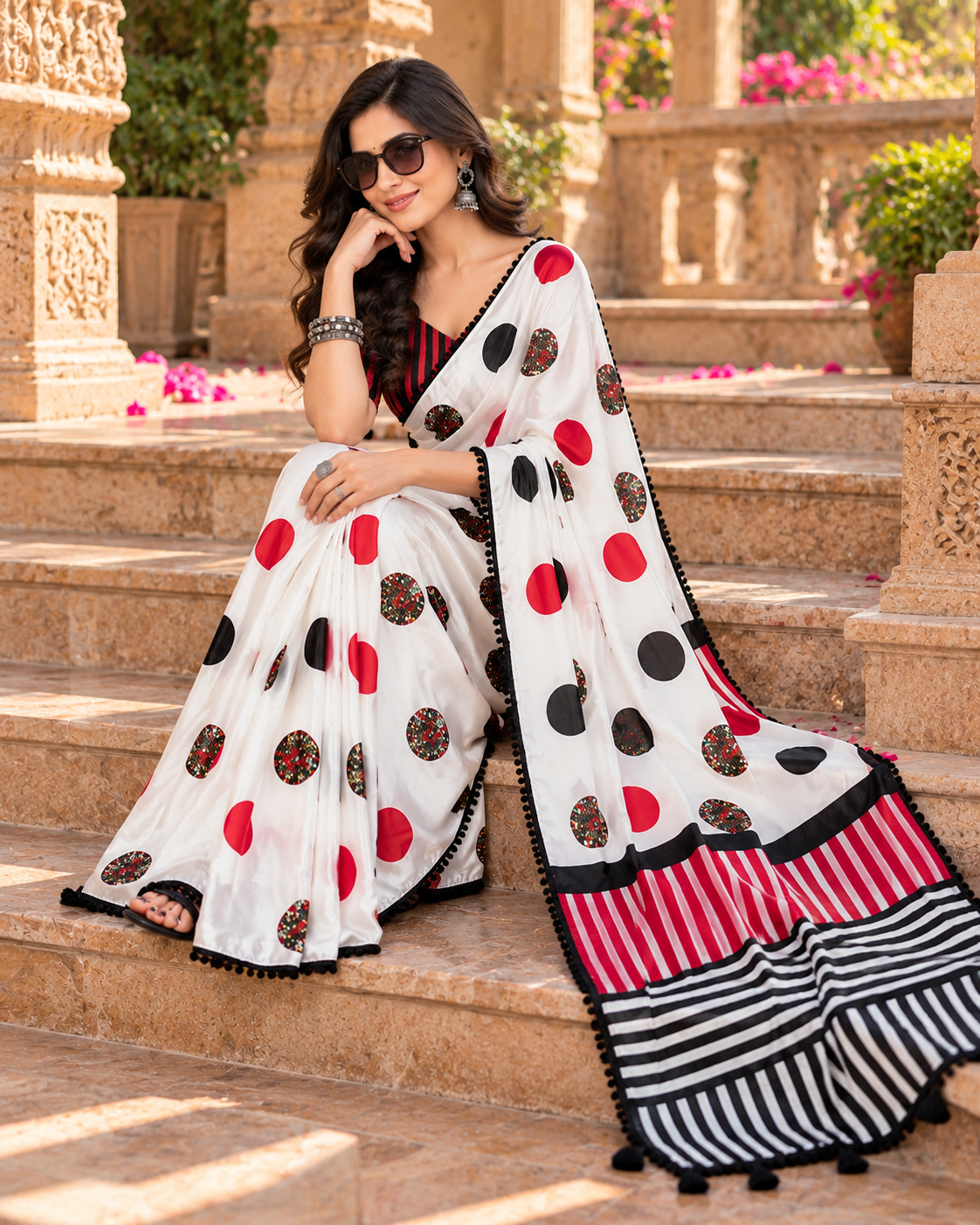 Satin Silk Printed Saree With Unstitched Blouse(white)