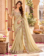 Pure Silk Handprint Cutdana Border Work Saree With Unstitched Blouse(Beige)