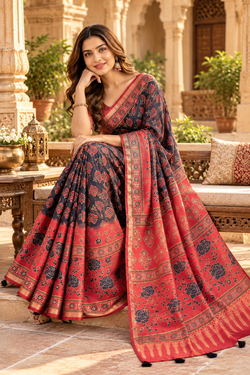 Soft Chinon Silk Sequin & Mirror Work Saree with Unstitched Blouse(Black)