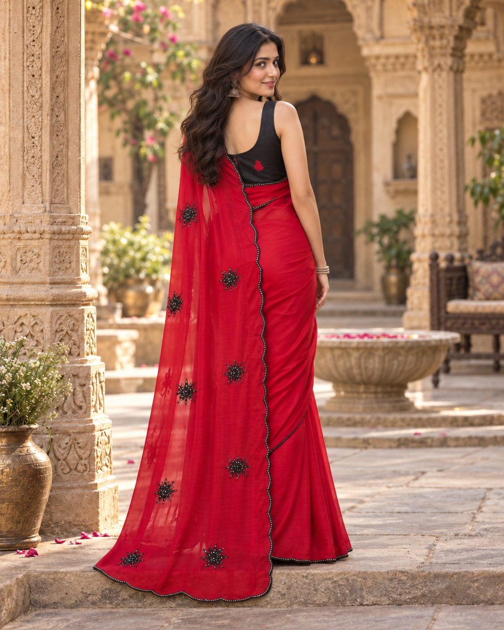 Georgette Sequins Work Saree With Unstitched Blouse(Red)