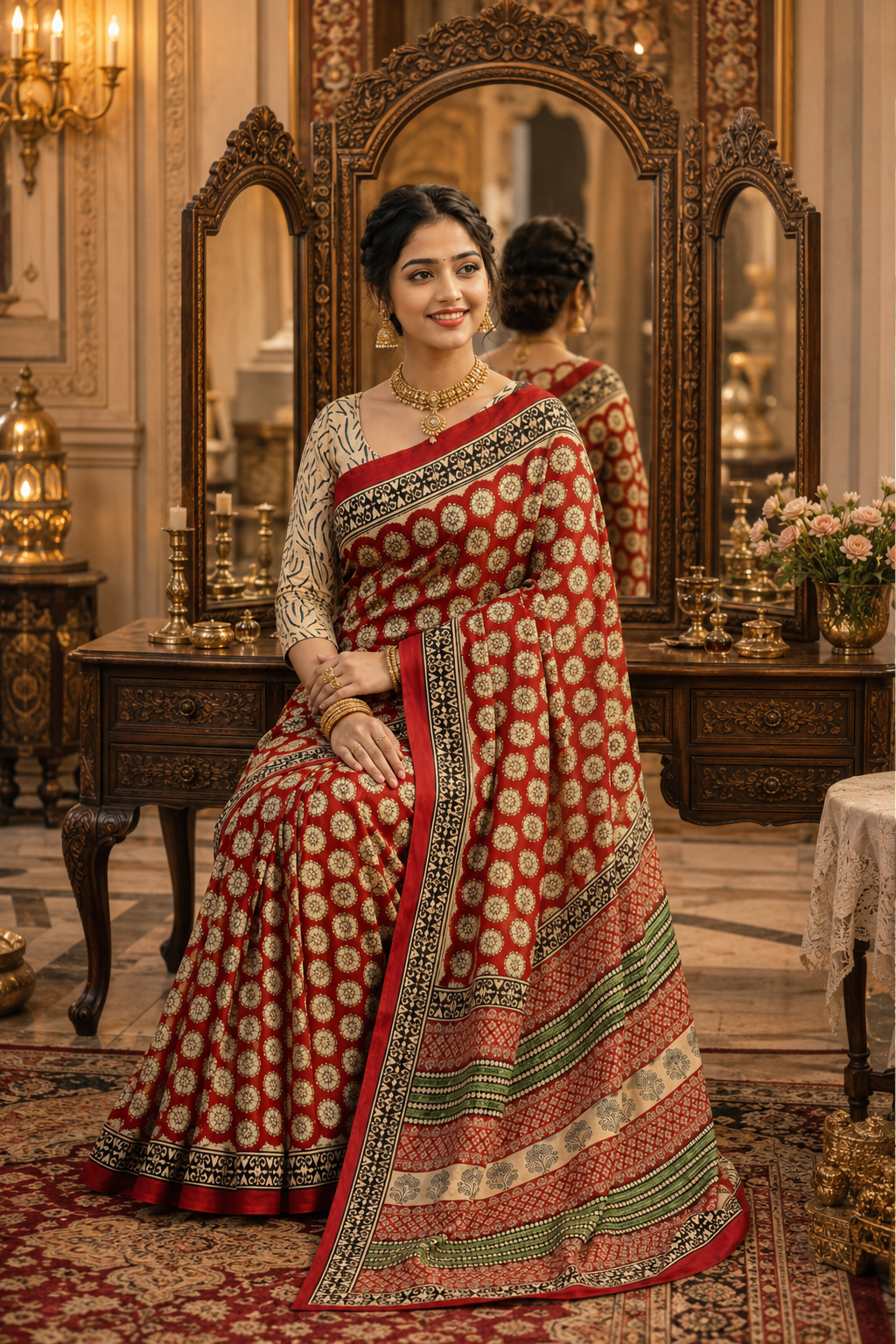 Primum Pure Mulmul Cotton Bagru Print Saree With Unstitched Blouse (Red)