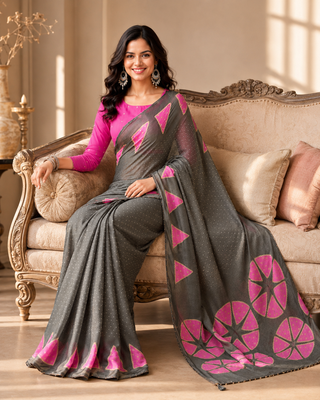 Elegance Premium Chiffon Fabric With Sequence Floral Printed Saree With Unstitched Blouse (Grey)