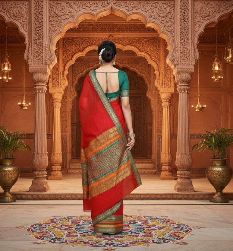 Women's Kota Doria Cotton Bordered Saree With Blouse (Red, 5-6 Mtrs) Kashvii