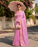 Gold Span  Embroidery Moti Beats Zari Patta Border Silk Saree With Unstitched Blouse (Pink)