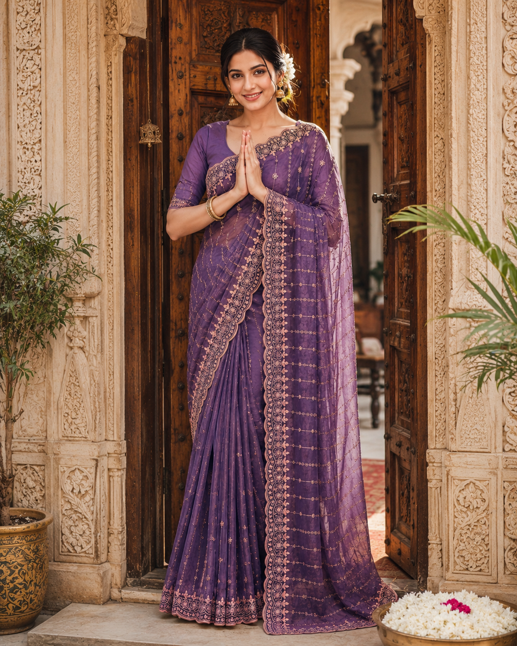 Moss Gold Shine Multi Sequence Embroidery Work Silk Saree With Unstitched Blouse (Lavender Purple)