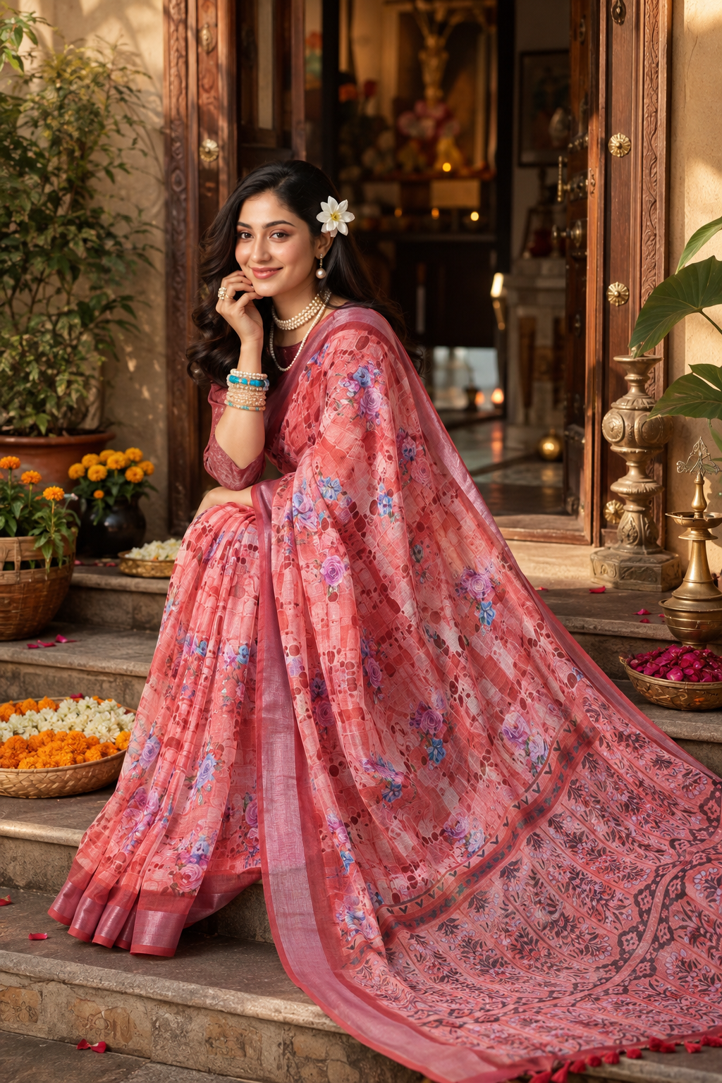 Premium Linen Floral Print Traditional Patola Border Saree with Unstitched Blouse (Reddish)