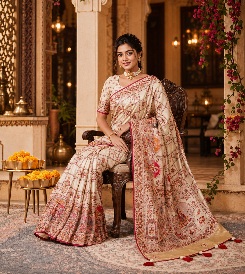 Premium Luxurious Pachmina  Lagdi Patta Saree With Unstitched Blouse (Ivory Cream)