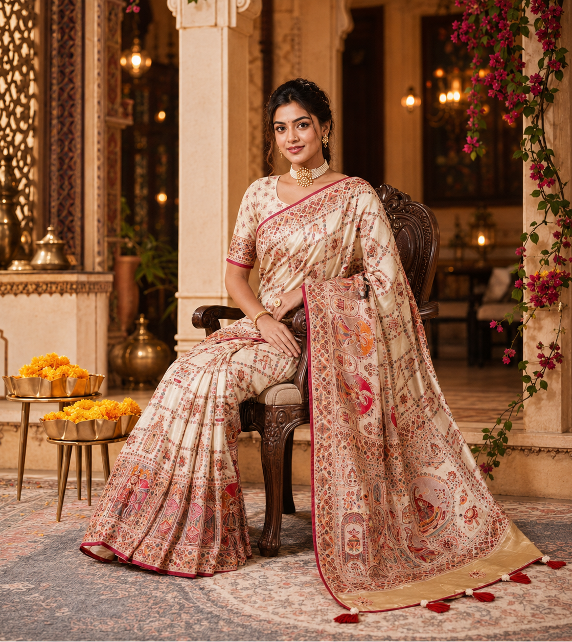 Premium Luxurious Pachmina  Lagdi Patta Saree With Unstitched Blouse (Ivory Cream)