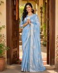 Gold Span Embroidery Moti Beats Zari Patta Border Silk Saree With Unstitched Blouse (Sky Blue)
