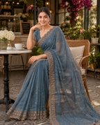 Moss Gold Shine Multi Sequence Embroidery Work Saree With Unstitched Blouse (Teal)