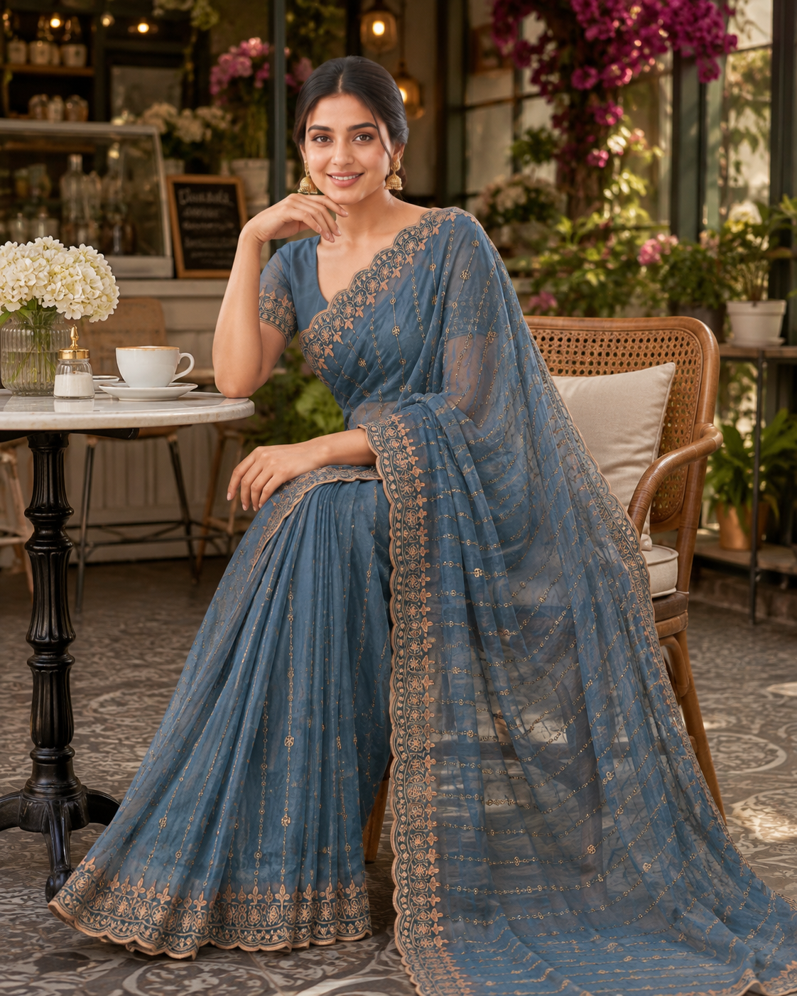 Moss Gold Shine Multi Sequence Embroidery Work Saree With Unstitched Blouse (Teal)