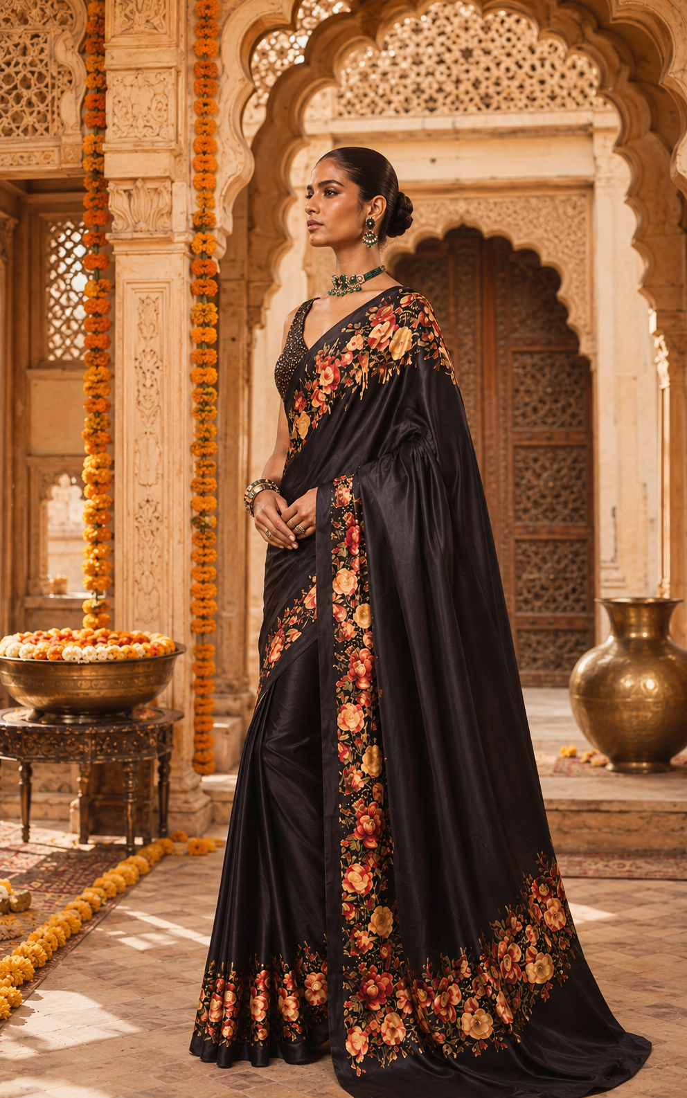 Satin Silk floral Printed saree With Unstitched Blouse( Black)