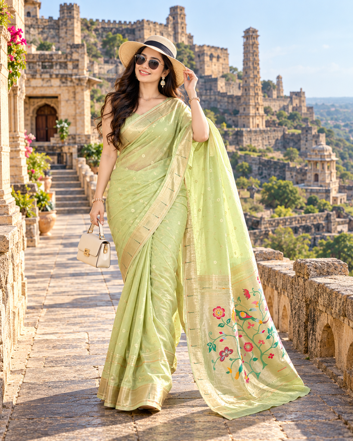Premium Paithani Silk Butti Jari Work Saree With Unstitched Blouse (Apricot Peach)