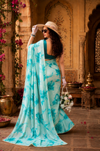 Satin Silk Floral Print Saree With Unstitched Blouse(Teal)