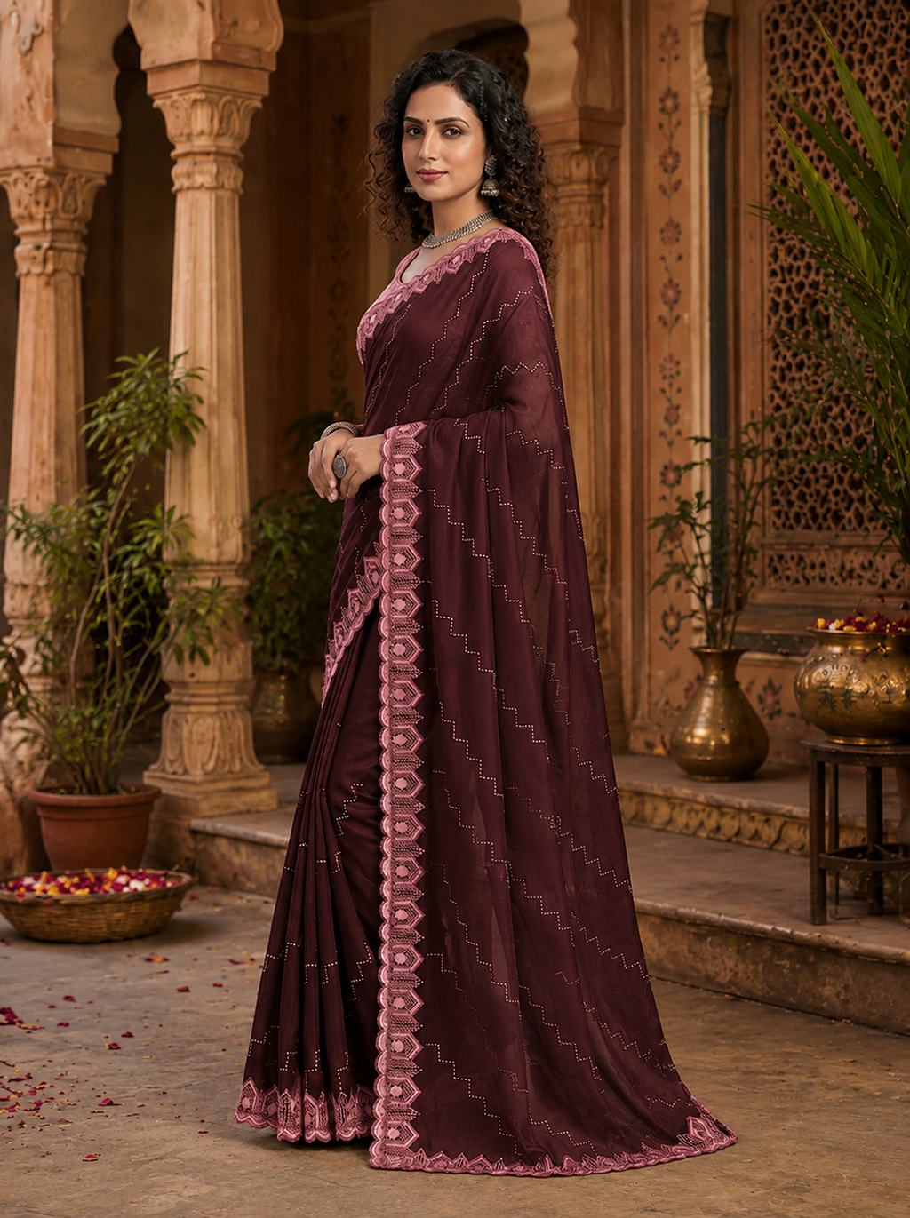 Organza Silk Saree With Unstitched Blouse(Tyrian Purple)