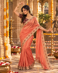 Satin Silk Zari Embroidery Sequin Work Saree With Unstitched Blouse(Peach)