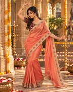 Satin Silk Zari Embroidery Sequin Work Saree With Unstitched Blouse(Peach)