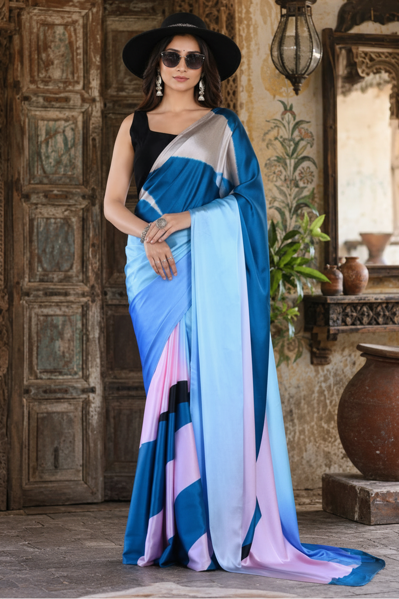 Premium Satin Silk Saree with Unstitched Blouse(Blue)