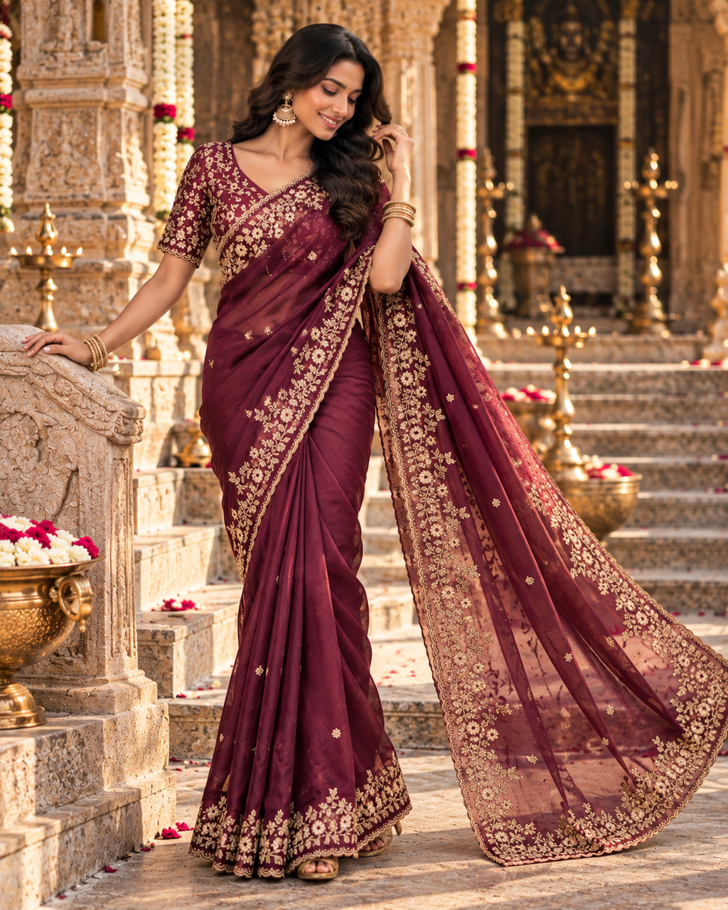 Chiffon Silk Embroidery Sequin Work Saree With Unstitched Blouse(Wine)