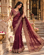 Chiffon Silk Embroidery Sequin Work Saree With Unstitched Blouse(Wine)
