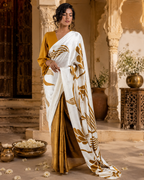 Satin Silk Digital Printed Saree With Unstitched Blouse(Mustard)