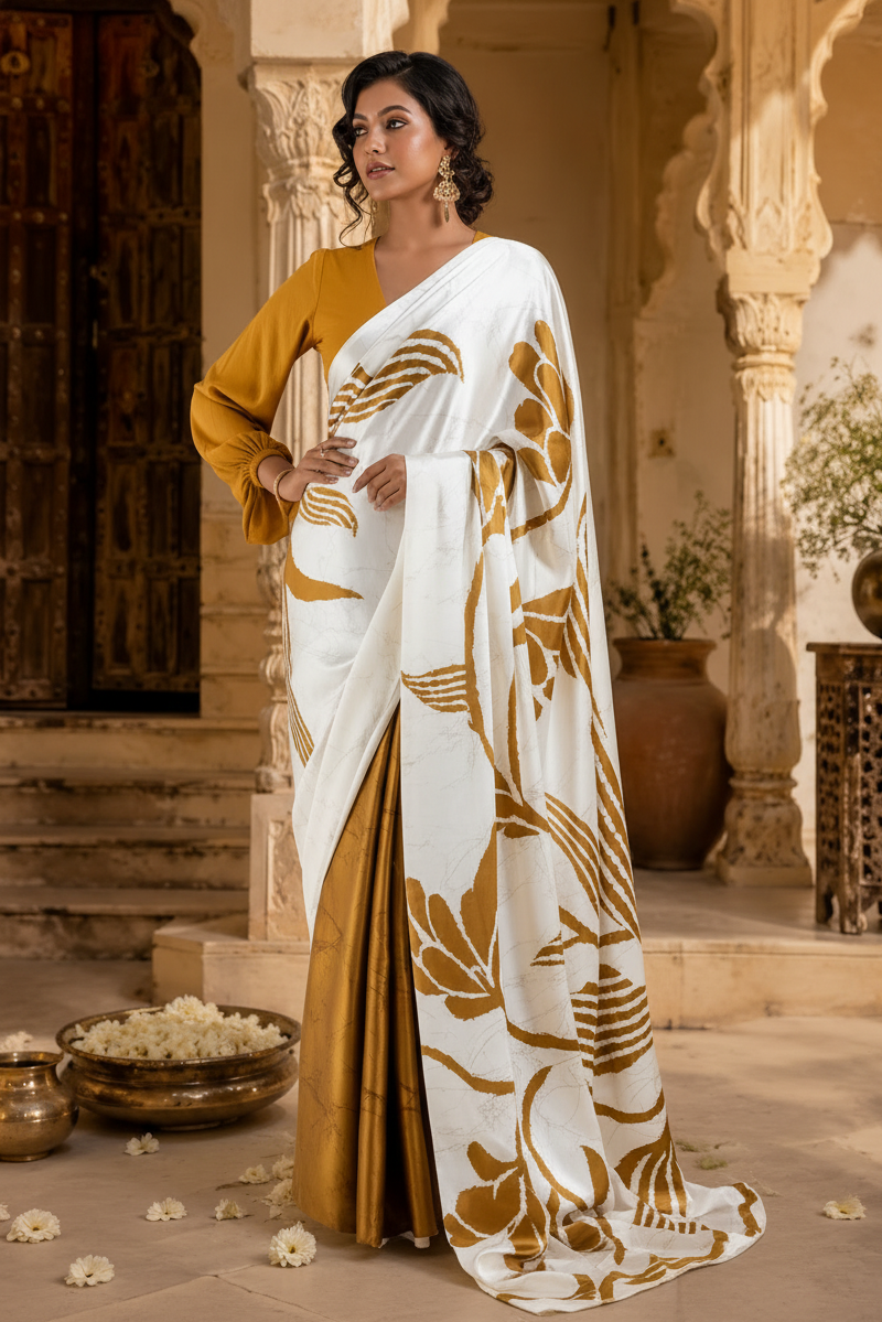 Satin Silk Digital Printed Saree With Unstitched Blouse(Mustard)