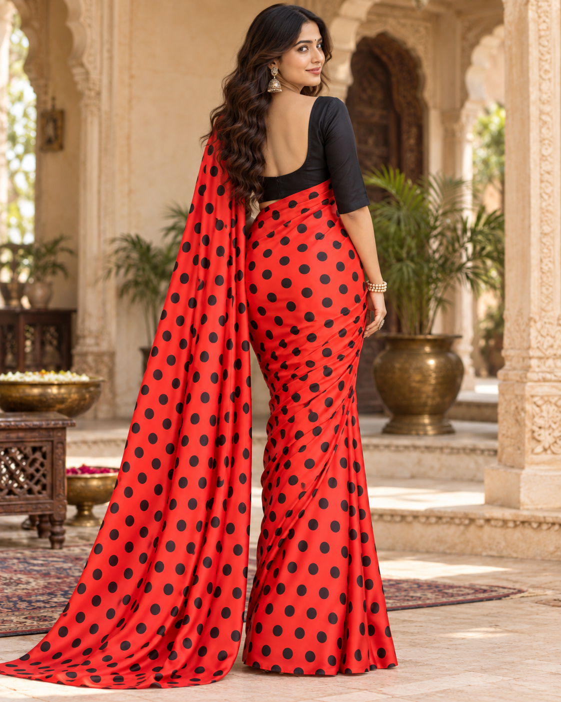 Satin Silk Printed Saree With Unstitched Blouse(Red)