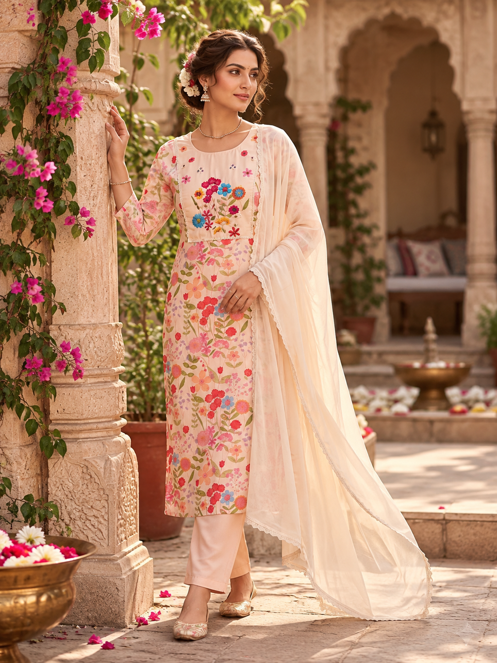 Pure Cotton Printed Kurti Pant With Dupatta Set(Beige)