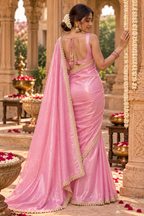 Satin Silk Golden Lace Border Work Saree With Unstitched Blouse(Pink)