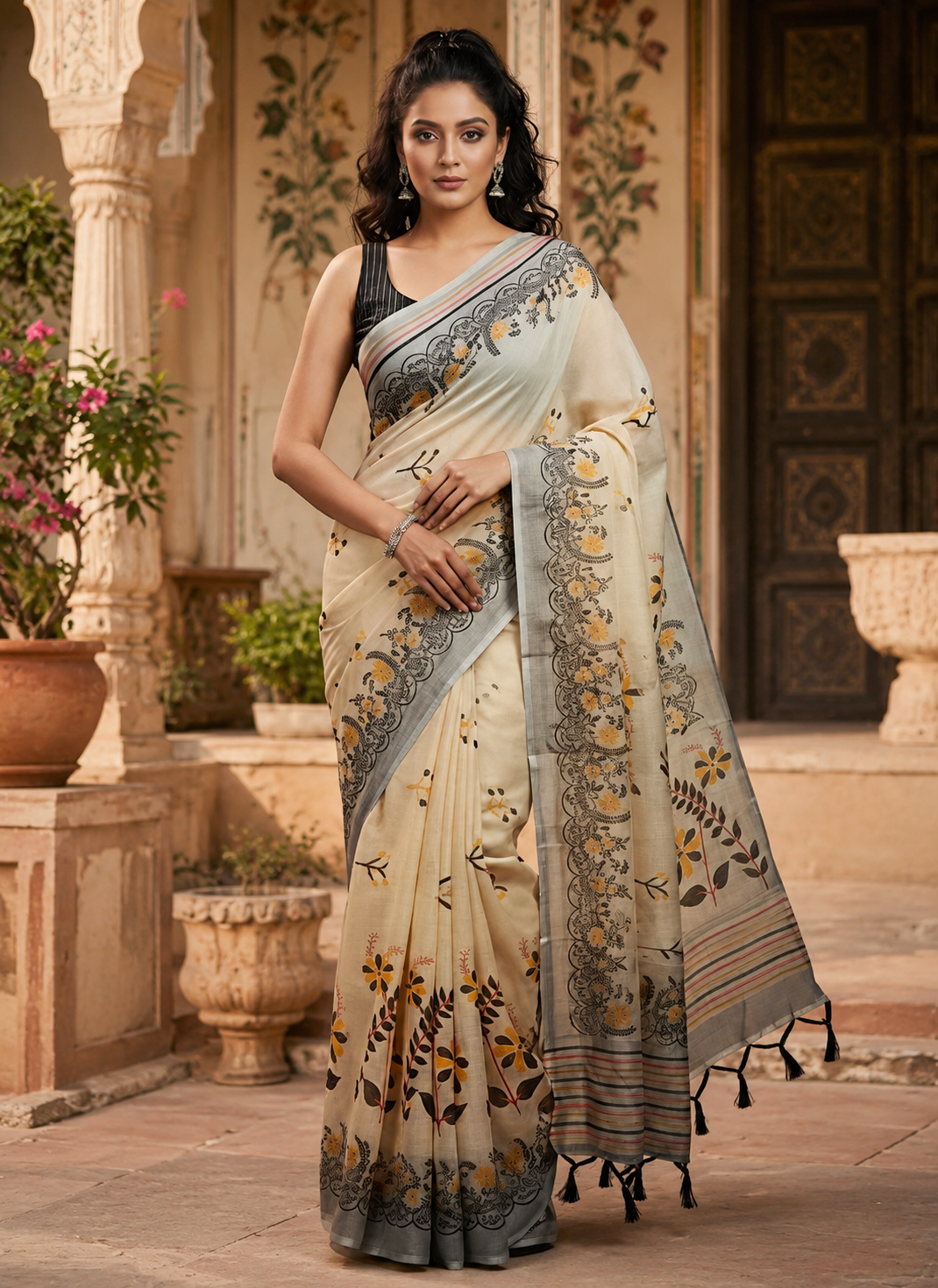 Blooming Linen Digital Printed Saree With Unstitched Blouse(Beige)