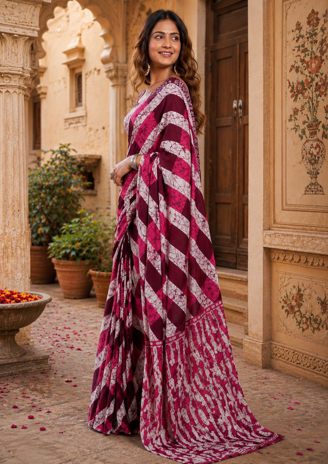 Mulmul Cotton Batik Hand Block Printed Saree With Unstitched Blouse(Pink)