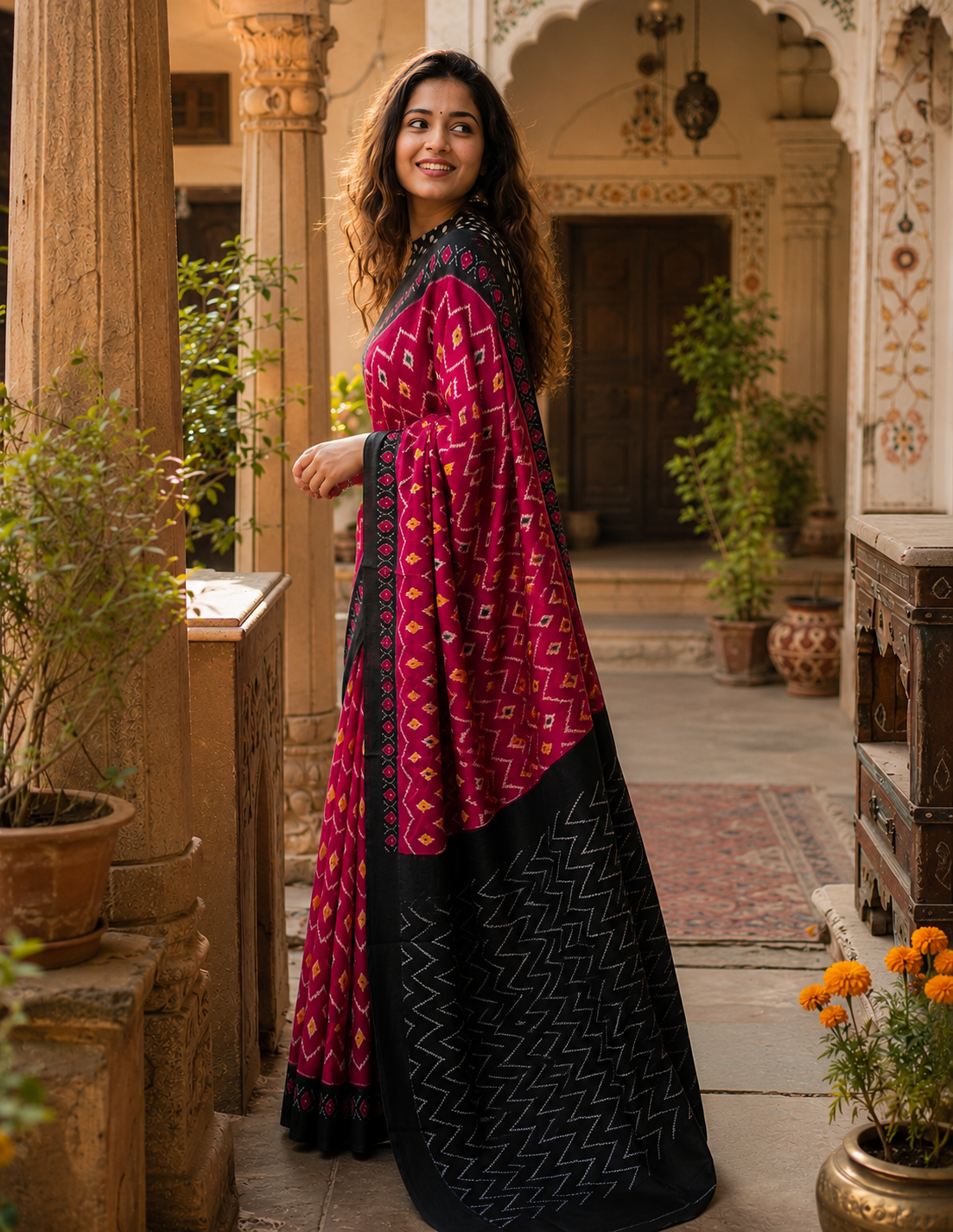 Mulmul Cotton Designer Saree With Unstitched Blouse(Red)