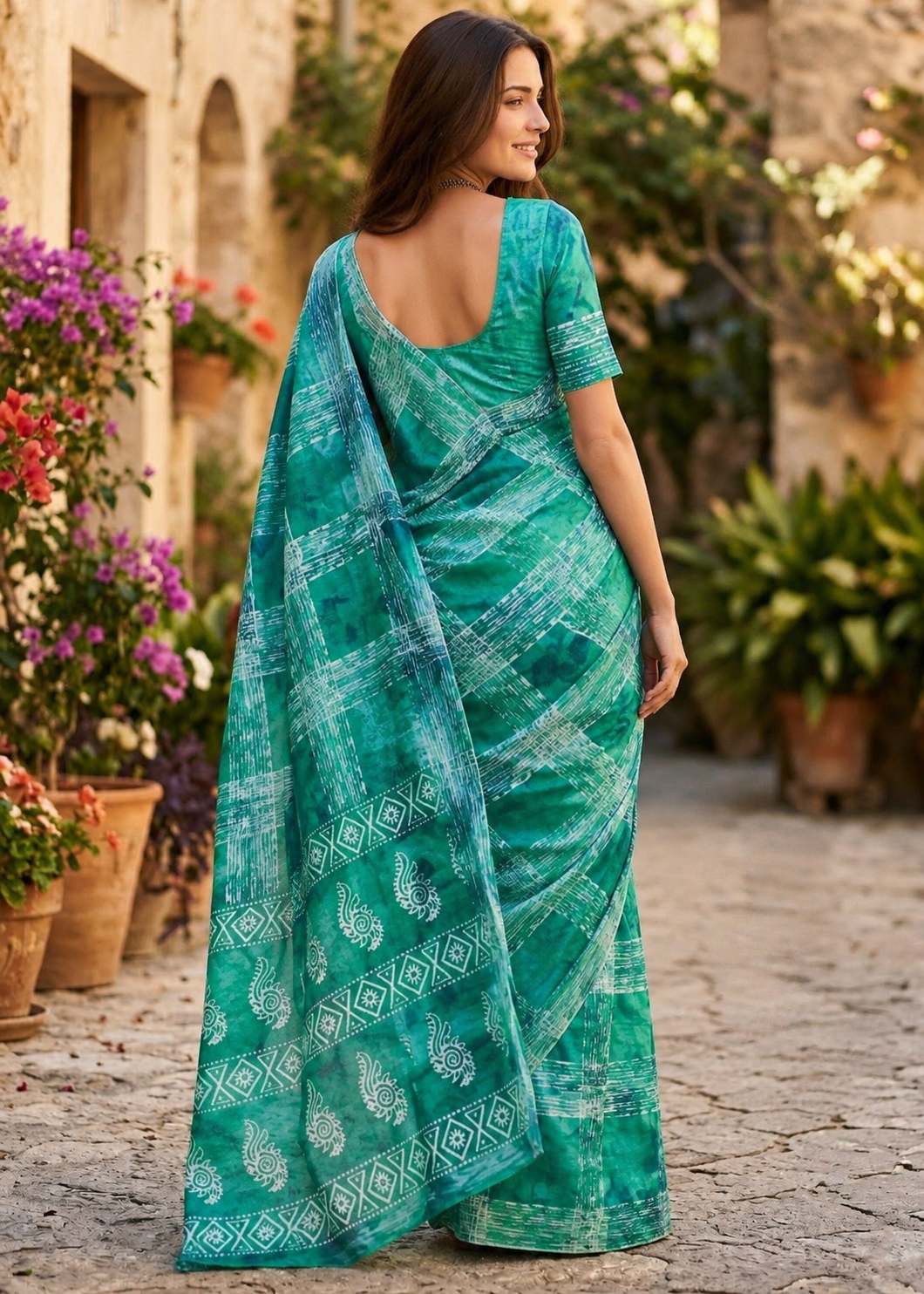 Mulmul Cotton Printed Saree With Unstitched Blouse(Teal)