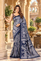 Premium Tussar Silk kalamkari Print Saree With Unstitched Blouse(Blue)