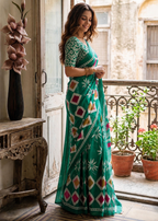 Soft Mulmul Cotton Batik Block-Printed Saree with Unstitched Blouse (Teal)