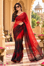 Space Silk Digital Printed Saree With Unstitched Blouse(Red)
