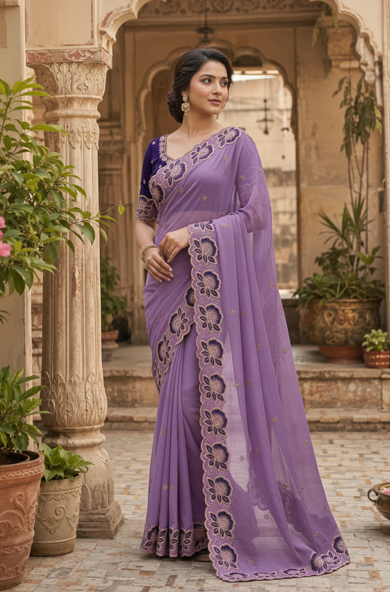 Georgette Multi Embroidery Work Saree With Unstitched Blouse(Lavender)