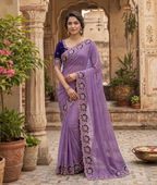 Georgette Multi Embroidery Work Saree With Unstitched Blouse(Lavender)
