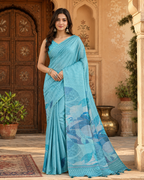 Silk Blend Jacquard Weaving Zari Border Saree With Unstitched Blouse(Blue)