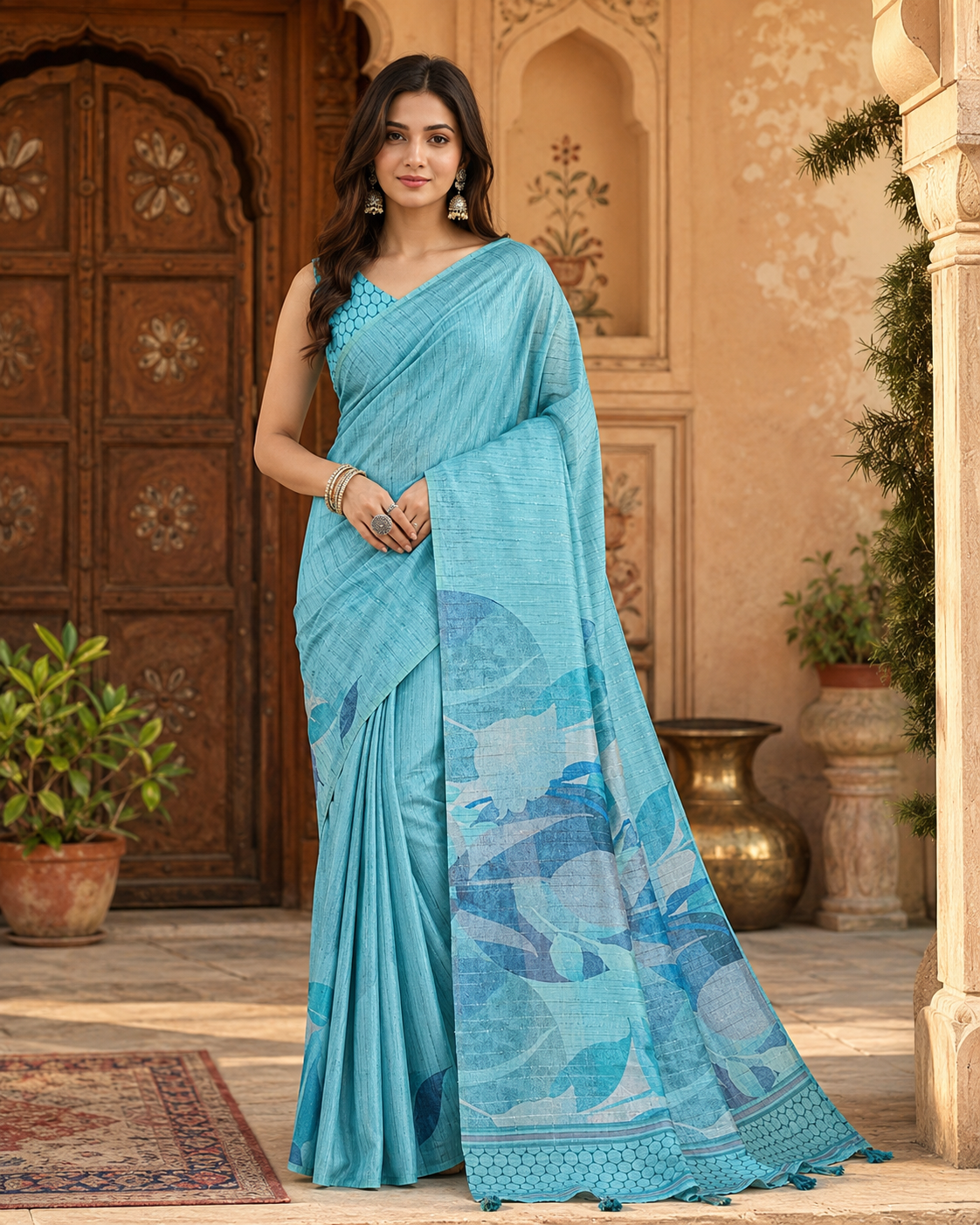 Silk Blend Jacquard Weaving Zari Border Saree With Unstitched Blouse(Blue)