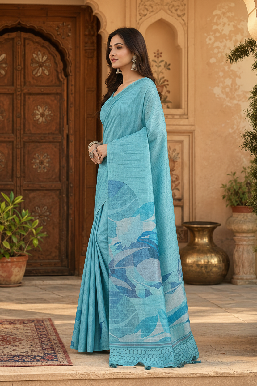 Silk Blend Jacquard Weaving Zari Border Saree With Unstitched Blouse(Blue)