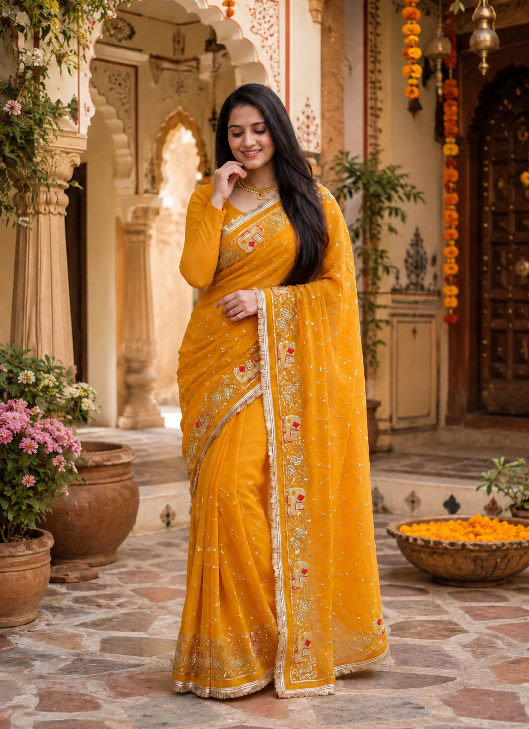 Georgette Sequins Work Saree With Unstitched Blouse(Yellow)
