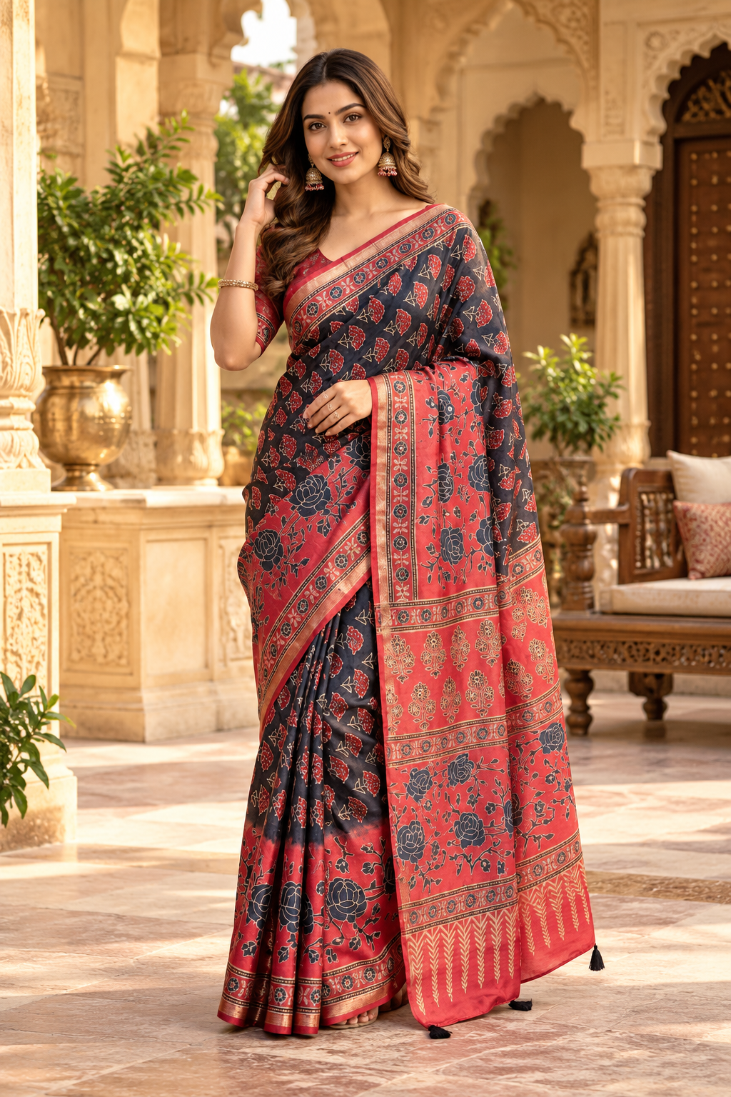 Soft Chinon Silk Sequin & Mirror Work Saree with Unstitched Blouse(Black)