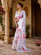 Soft Georgette Satin Printed Saree With Unstitched Blouse(White)