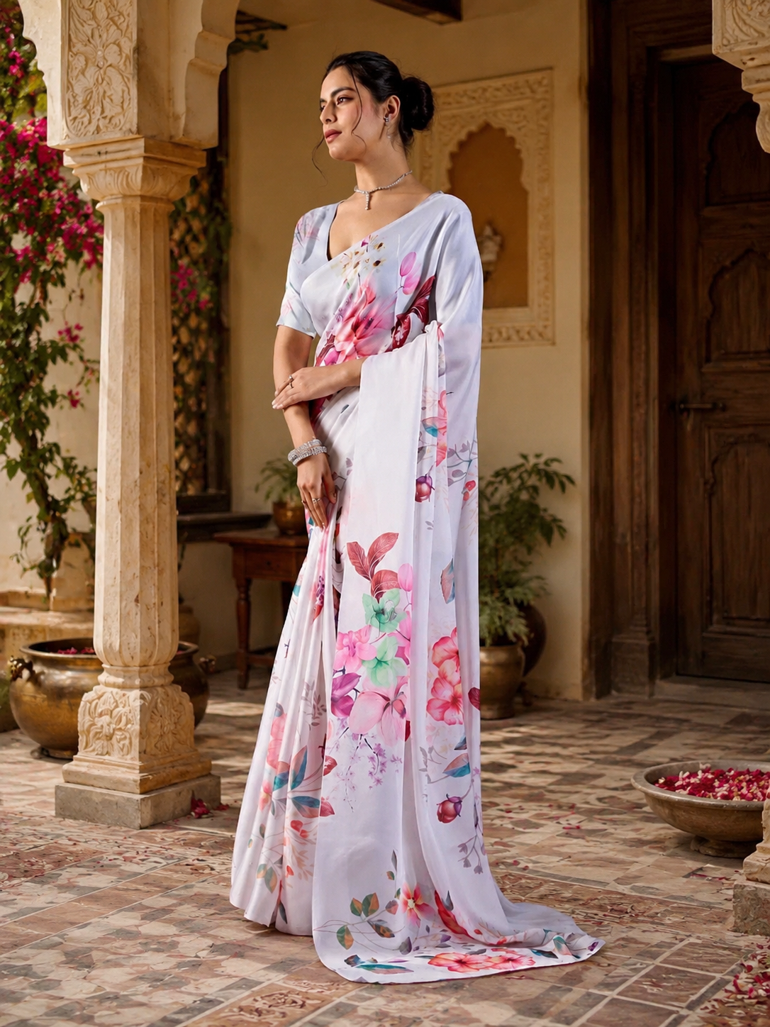 Soft Georgette Satin Printed Saree With Unstitched Blouse(White)