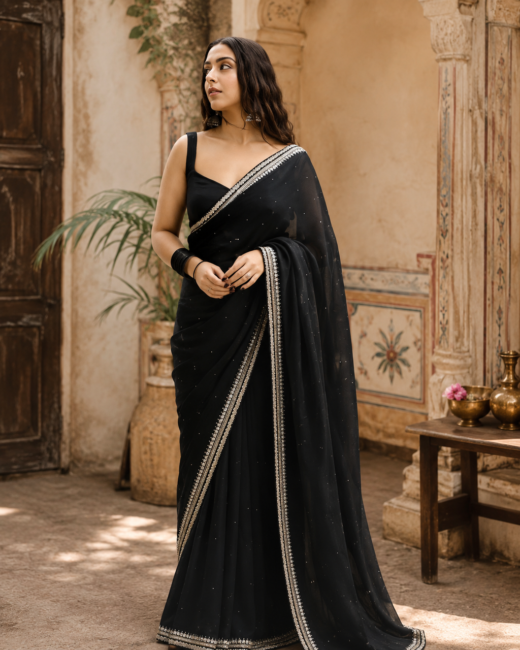 Organza Ready To Wear Saree With Unstitched Blouse(Black)