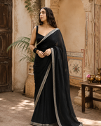 Organza Ready To Wear Saree With Unstitched Blouse(Black)